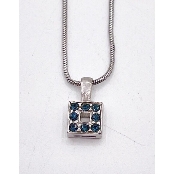 Vintage Sterling Silver 925 Italy Dainty Blue Crystal Square Pendant Necklace - Picture 2 of 9